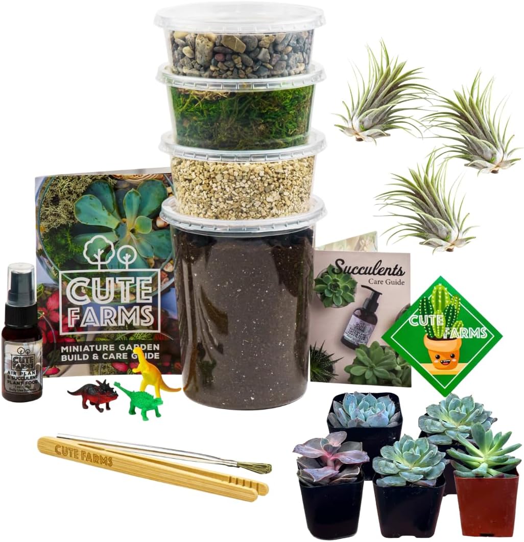 Cute Farms Terrarium Starter Kit | Moss, Vermiculite, Soil, Pebbles, Plant Food, & Finishing Tools (Large Kit + Crystals)
