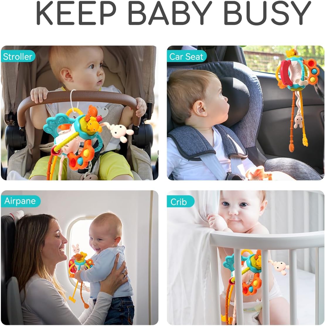Toddlers Airplane Travel Toys Montessori Toys for Babies 6-12 Months Boy Girl Sensory Baby Infant Car Seat Toys Essentials Silicone Pull String Newborn 1 2 3 Year Old