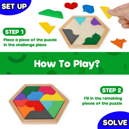Skrtuan 5 Pack Wooden Puzzles Set - STEM Montessori Educational Board Games and Logic Traning Brain Teaser Geometric Shapes Tangram Puzzle Games for Kids Ages 3+