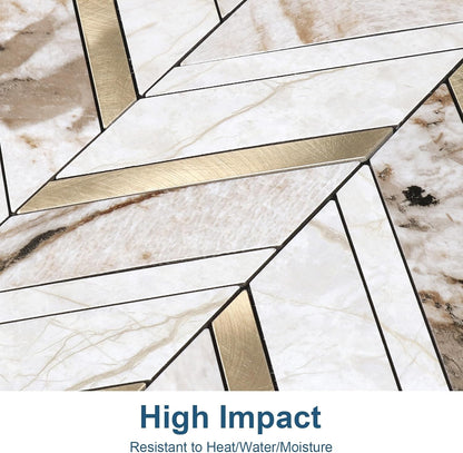 Yipscazo 10 Sheets Herringbone Backsplash Peel and Stick Tile, Marble Calacata Mixed Metal Gold PVC Stick on Backsplash for Kitchen, Waterproof Self Adhesive Wall Tile for Bathroom