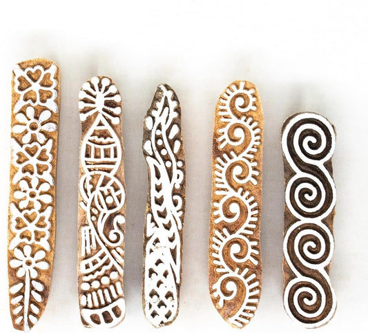 Border Pattern Wooden Stamps - Wooden Stamps for Block Printing on Saree Border, Textile, Clay, Pottery, Tattoo (Set of 5) HASHCART®