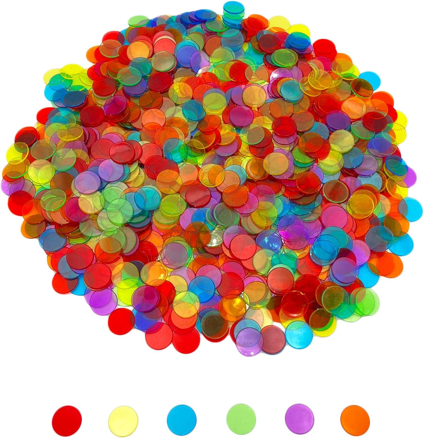 JUNWRROW 1000 Pieces 3/4 inch Transparent 6 Color Bingo Counting Chips with Bag - for Large Group Games, Game Night & Educational Activities