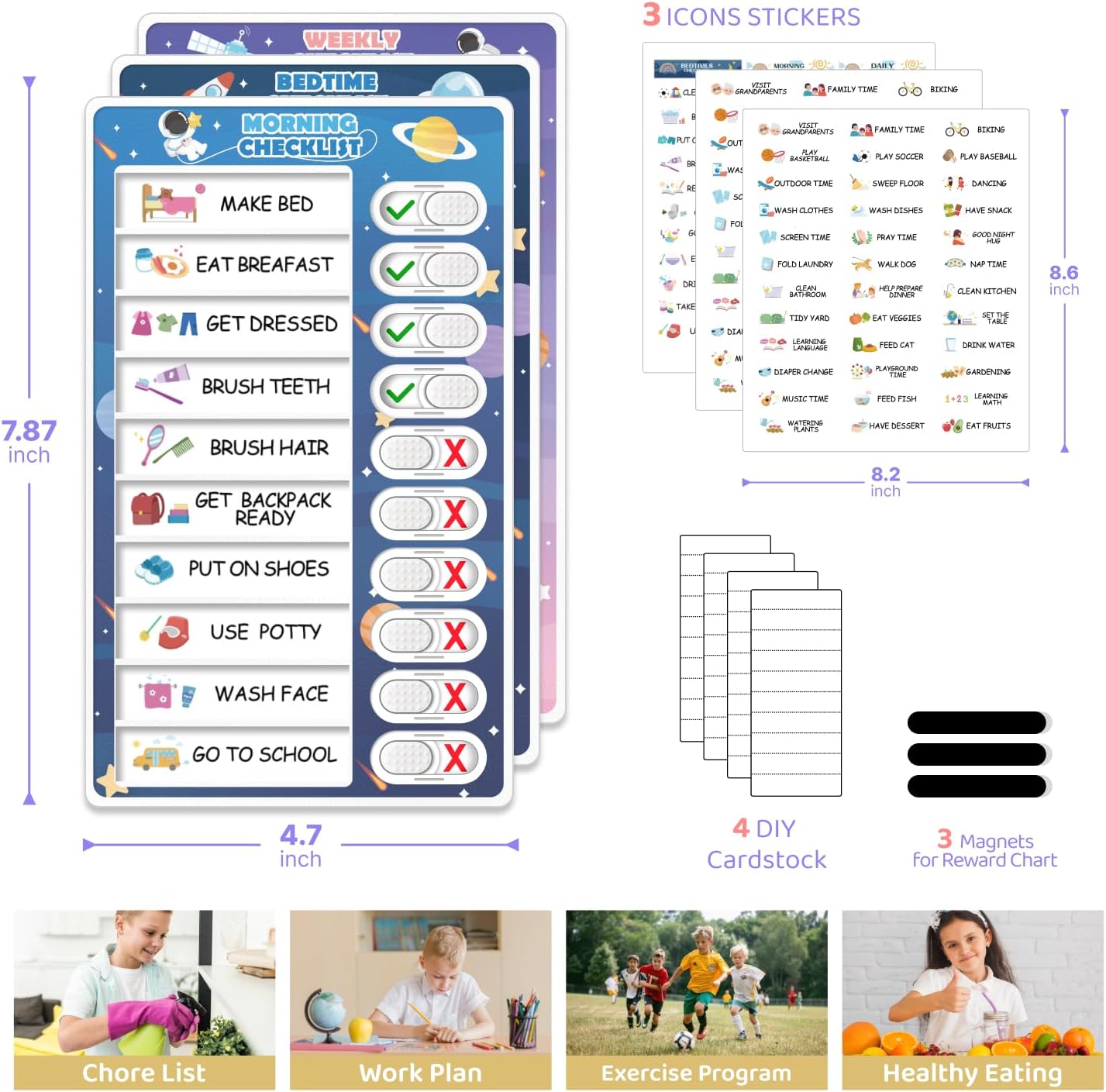 Upgraded Slider 3 in 1 Bedtime/Morning/Daily Routine Chart for Kids, Magnetic Chore Chart for Kids, Visual Schedule for Kids Toddlers Schedule Board for Home