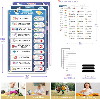 Upgraded Slider 3 in 1 Bedtime/Morning/Daily Routine Chart for Kids, Magnetic Chore Chart for Kids, Visual Schedule for Kids Toddlers Schedule Board for Home