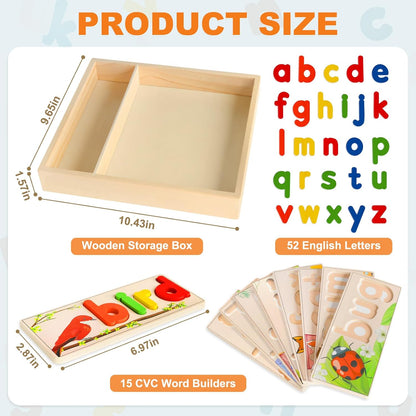 Wooden See & Spell Learning Toys for 2 3 4 5 Year Old Kids, Preschool Learning Activities Alphabet Flash Cards, Educational Match Letter Game Board, CVC Word Builder Montessori Toys Gifts for Boy Girl