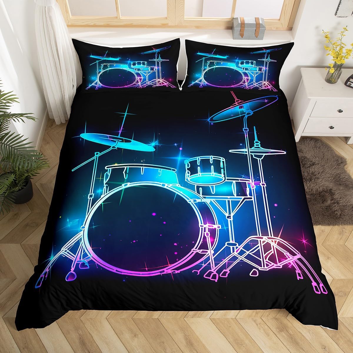 Drum Kit Duvet Cover,Kids Musical Instruments Bedding Set,Rock Music Comforter Cover for Boys Girls Room Decor,Neon Lighting Lightweight Bedspread Cover Twin Size with 1 Pillow Case(No Comforter)