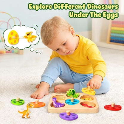 Easter Wooden Puzzles for Toddlers 1-3, Dinosaur Egg Sorting & Matching Peg Puzzle, Preschool Montessori Educational Toys for 1 2 3 Year Old Boys Girls, Easter Basket Stuffers Gifts Party Favors