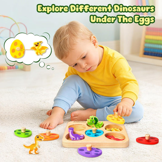 Wooden Puzzles for Toddlers 1-3 – Dinosaur Matching Egg Peg Puzzle, Montessori Sensory Toys for Boys & Girls, Early Learning Educational Toy