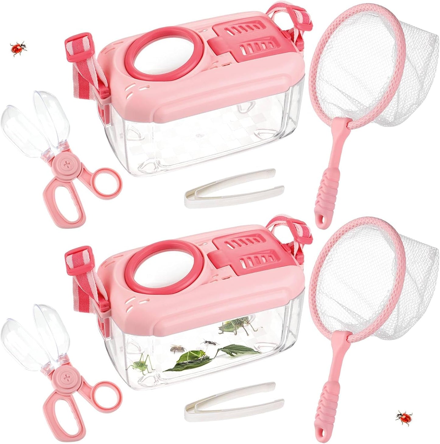 2 Set Bug Catcher for Kids- Educational Bug Catching Kit Including Butterfly Net, Insect Clip, Tweezer, Outdoor Toys for Kids Ages 3-10 (Pink & Green)