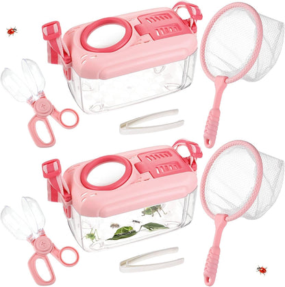 2 Set Bug Catcher for Kids- Educational Bug Catching Kit Including Butterfly Net, Insect Clip, Tweezer, Outdoor Toys for Kids Ages 3-10 (Pink & Green)