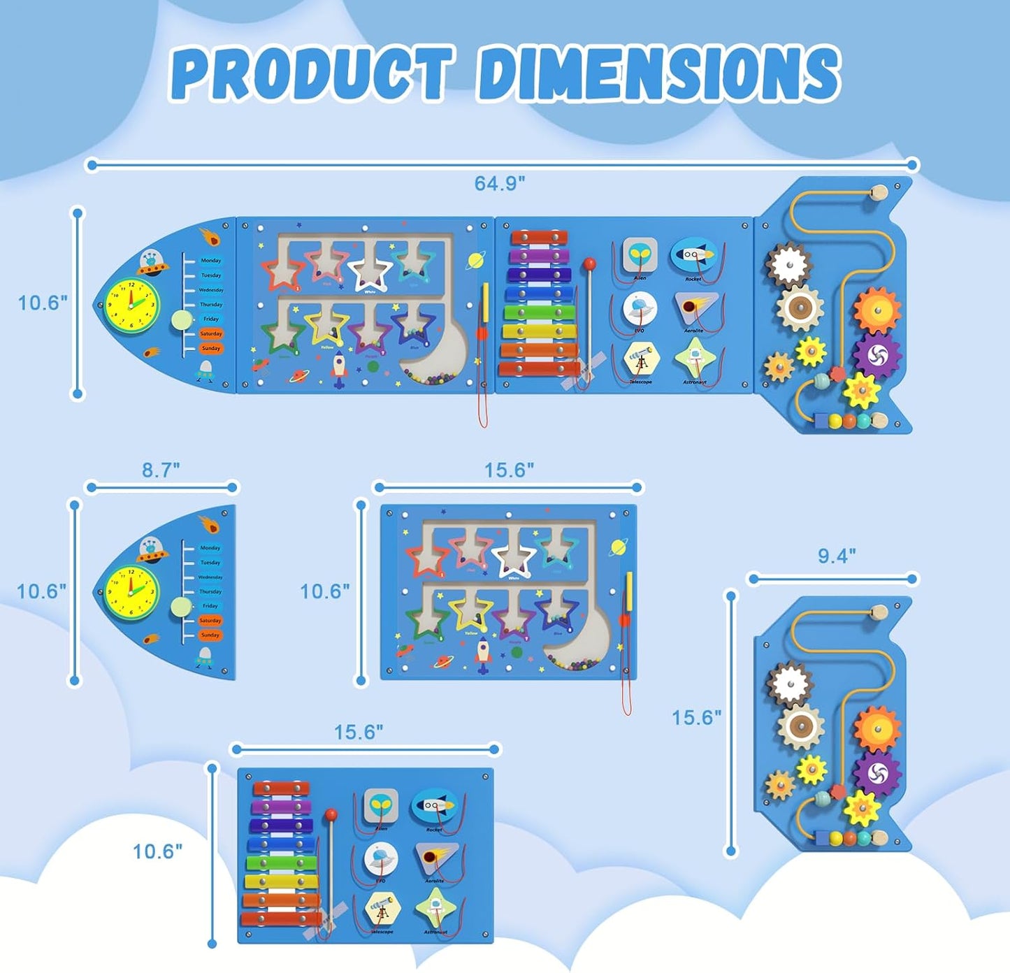Spacocld Rocket Activity Wall Busy Board Panels - Sensory Wall Panel for Kids, Montessori Toddler Wall Activity Board(5PCS)