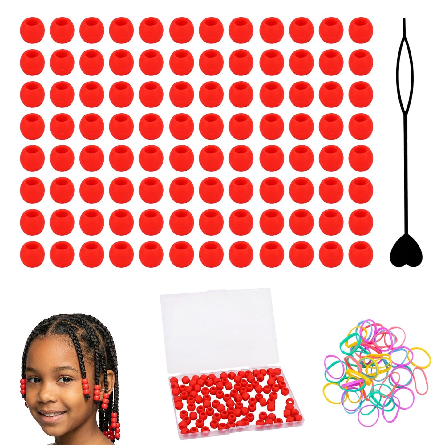 100 Small Silicone Hair Beads Glow in Dark for Kids Girls Braids, 5mm Colorful Soft Silicone Hair Beads, 1 Plastic Quick Beaders for Hair Braids, 50 Elastic Rubber Bands