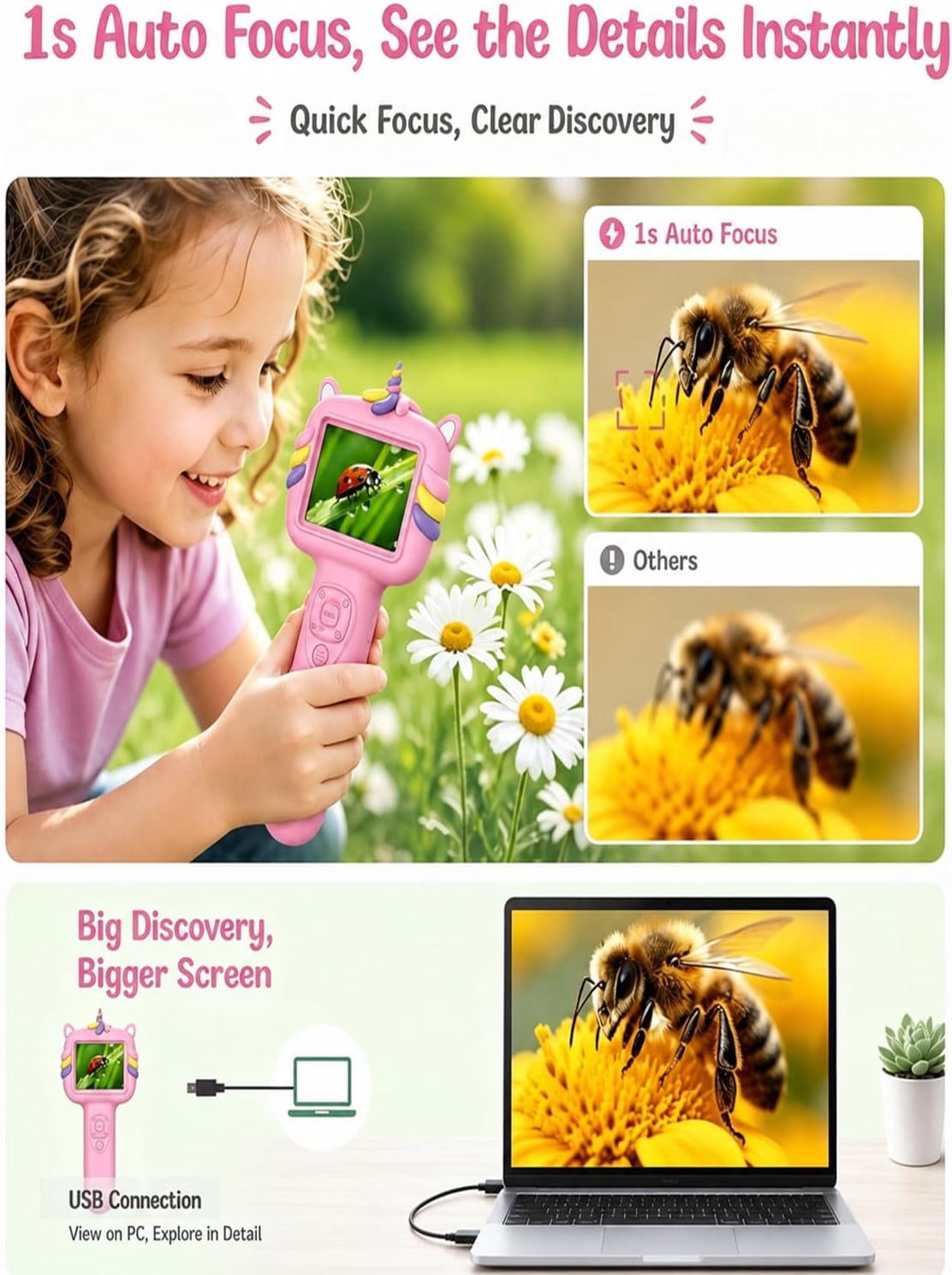 Microscope Camera for Kids Gifts Toys- Handheld Pocket Microscopes with 2.4" Screen and Autofocus - Mini Digital Educational Science Kit for Christmas Birthday for Age 3-5 5-7 8-12 Girls Boys (Green)