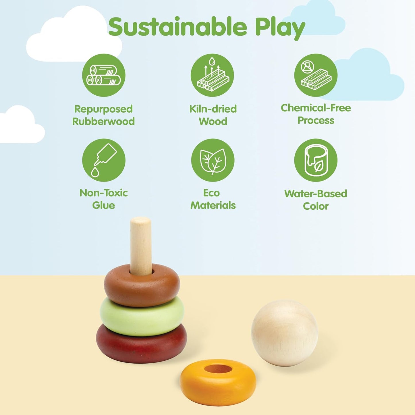 PlanToys® My First Stacking Toy Wooden Rings in Modern Rustic Shades | Montessori Fine-Motor Development Toy for Focus, Coordination & Early Learning | Eco-Friendly Educational Toy