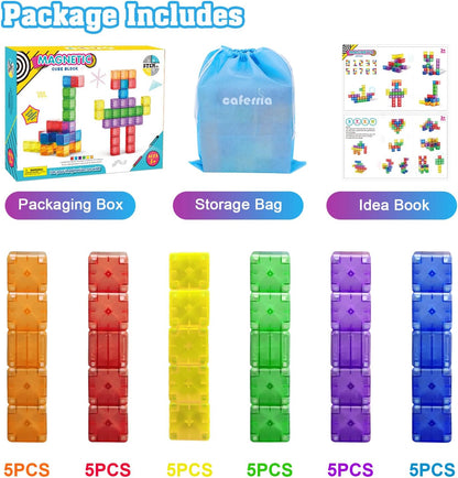 Caferria 1.4 inch Large Magnetic Blocks for Kids, 30pcs Magnet Building Blocks, Preschool STEM Sensory Montessori Stacking Cubes Educational Building Toys for 3 4 5 6 7 8 Year Old Boys Girls