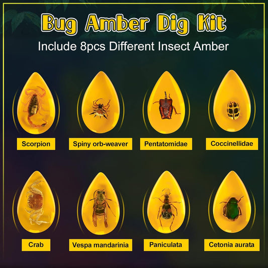 Bigger Amber Dig Kit-8 Artificial Insect Resin, Excavate Unique Insect Specimens, STEM Excavation Bugs Toys Science Kit for Kids,Educational Gifts Party Favors for Girls & Boys Age 6-8-12-14