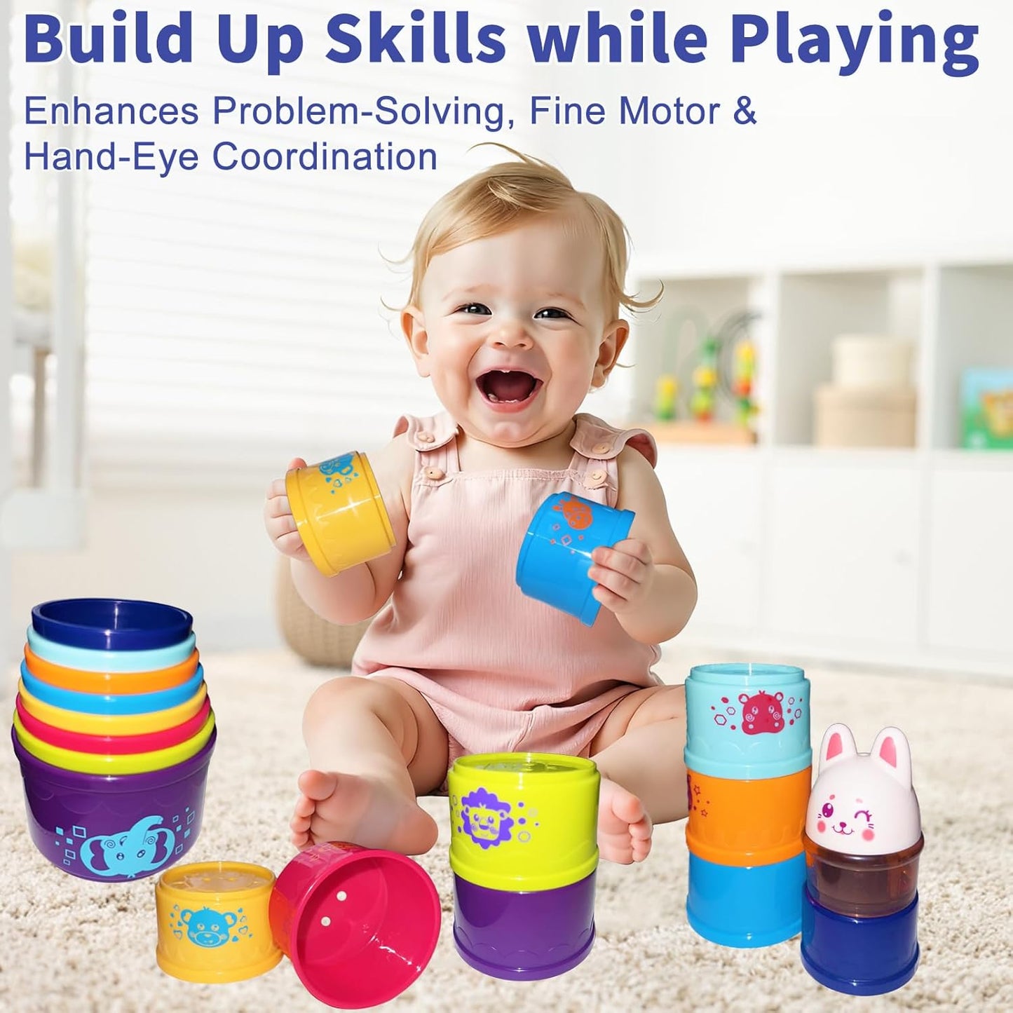 WEEJOYGAM Baby Stacking Cups, Nesting Stacking Toys for Toddlers 1-3 with Light and Sound, Montessori Toys for 1 Year Old Babies 6-12 12-18 Months Easter Gift Color Stack Bath Beach Blocks Rainbow Set