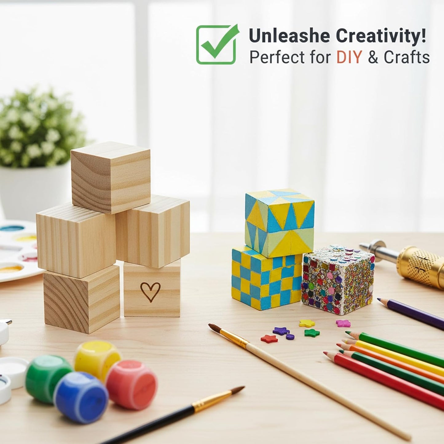 Wood Blocks for Crafts, Unfinished Wood Cubes, 2 Inch Natural Wooden Blocks, Pack of 8 Wood Square Blocks, Wooden Cubes for Arts and Crafts and DIY Projects