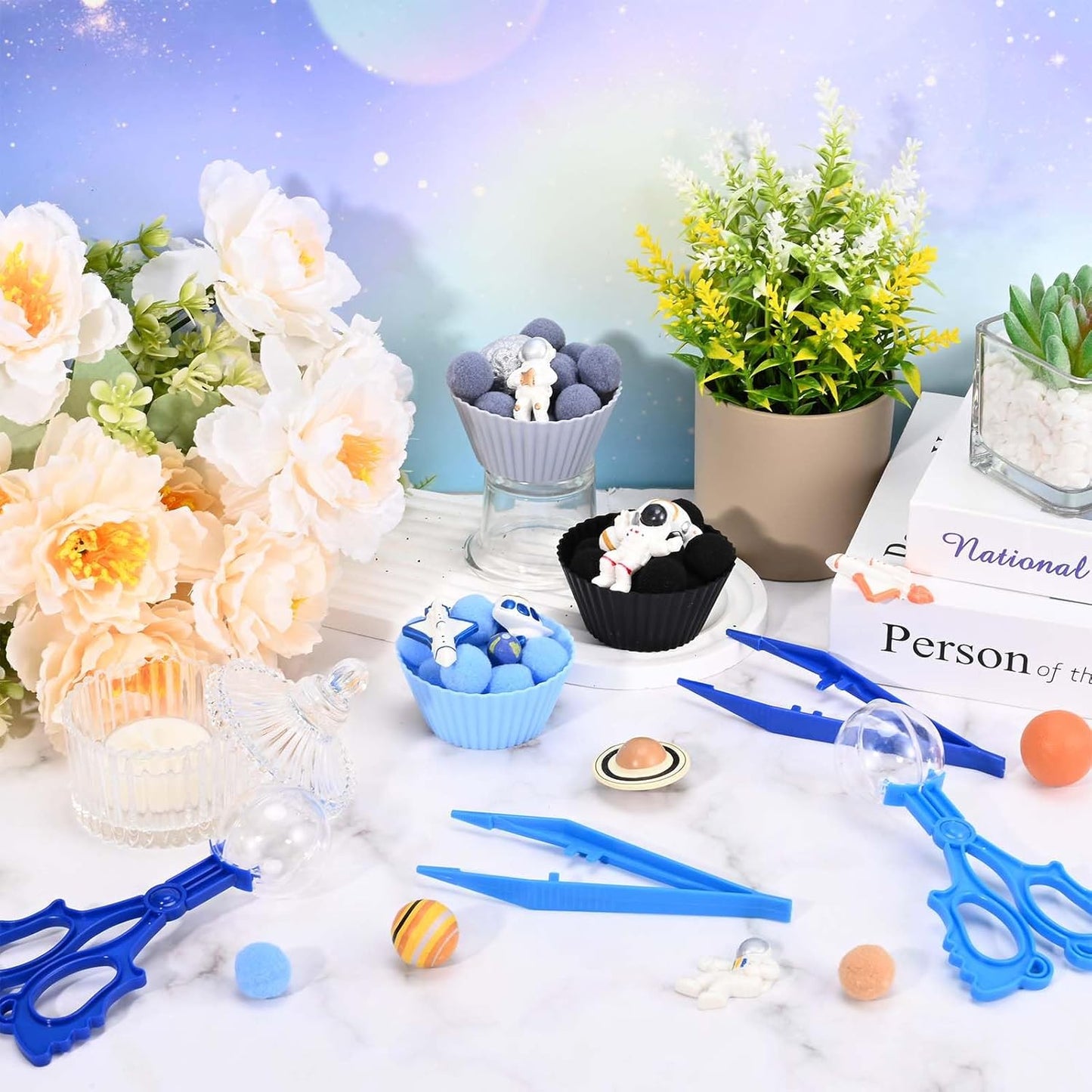 Sanixn 152 Pcs Space Sensory Bin Fillers Outer Space Fine Motor Skills Astronauts Sensory Bin Item Pompoms Cups Tweezers Scissor Clips for Preschool Education Activities Sorting Counting(Space)