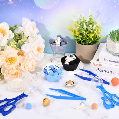 Sanixn 152 Pcs Space Sensory Bin Fillers Outer Space Fine Motor Skills Astronauts Sensory Bin Item Pompoms Cups Tweezers Scissor Clips for Preschool Education Activities Sorting Counting(Space)