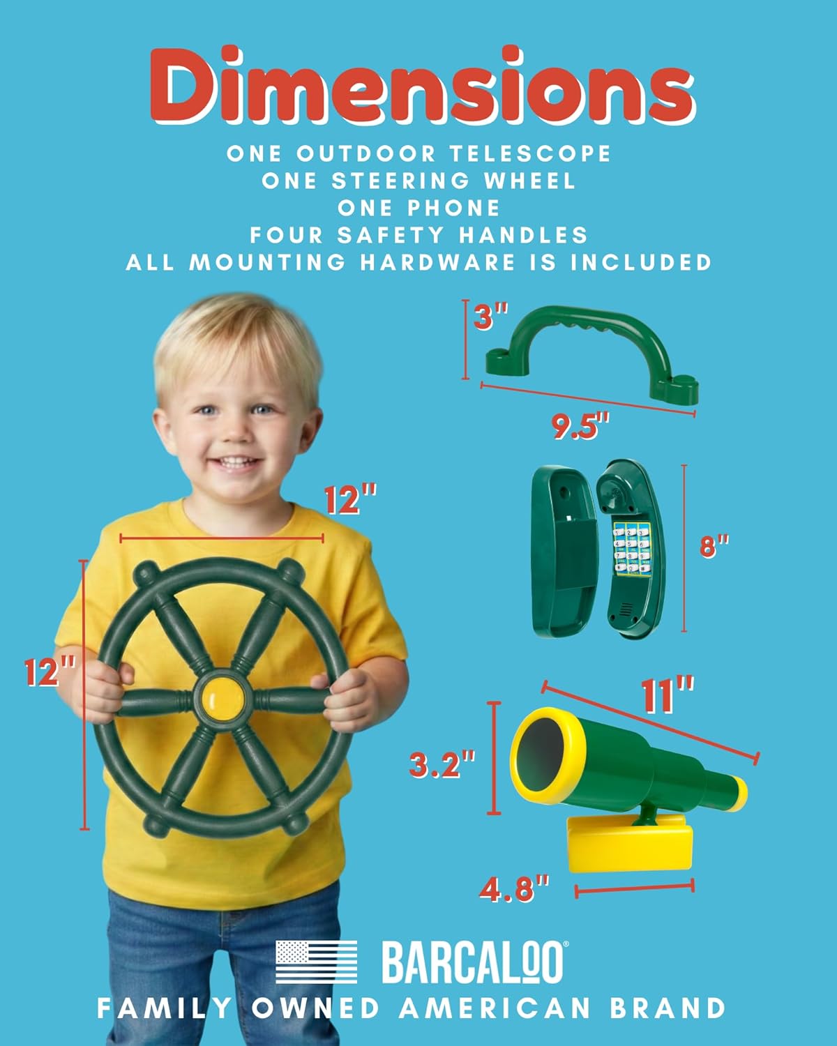Barcaloo Playground Equipment Bundle Set with Kids Pirate Telescope, Pirate Steering Wheel & Flags, Jungle Gym Playset Accessories for Backyard Swings, Playground Set for Backyards