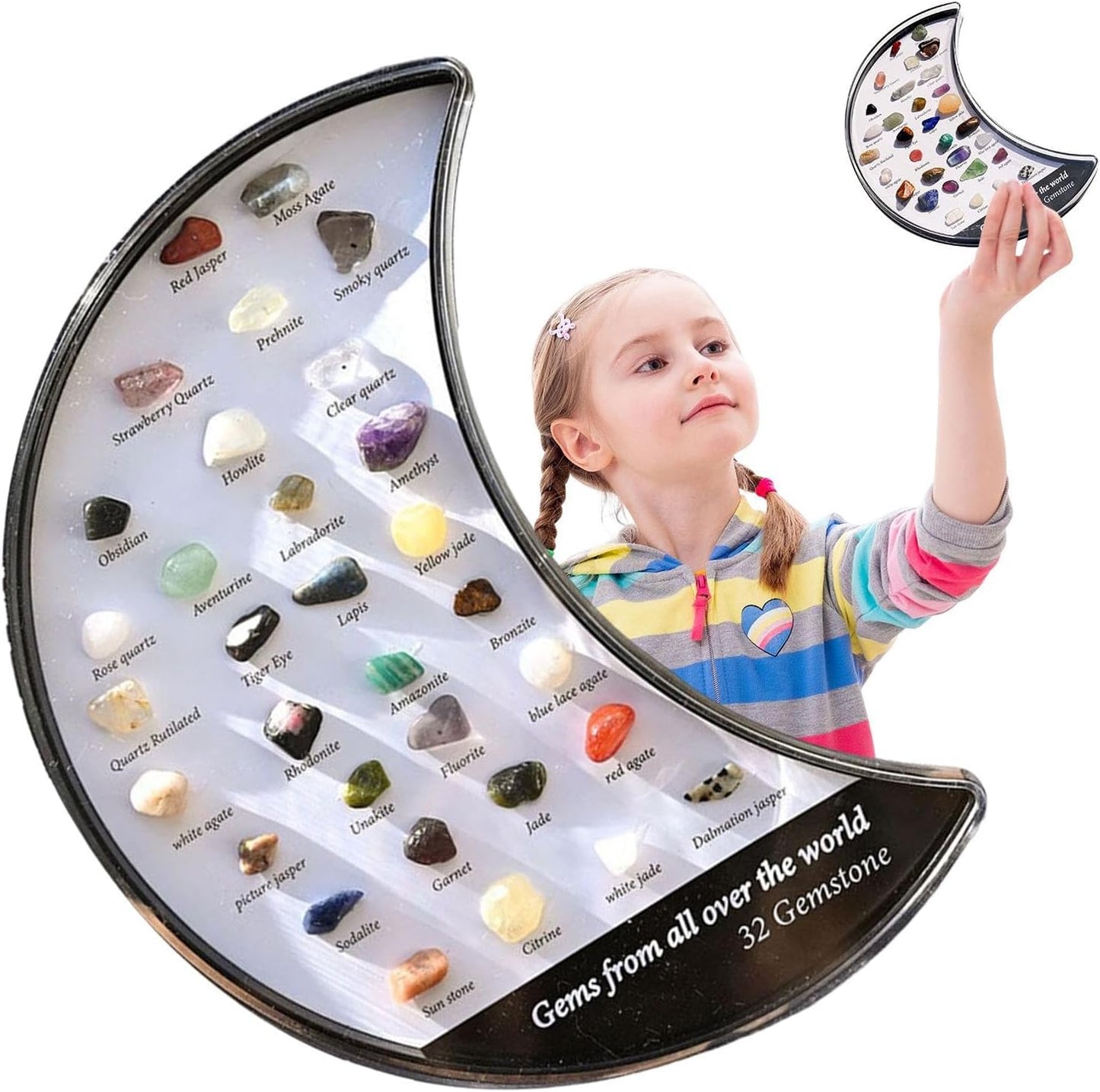 Rock Crystal Collection Box Crescent Moon Shaped, 32 Types Mineral Rock Collection Kit, For Kids Nature Science Education, Enhance Parent Child Interaction, 3.14x5.9in