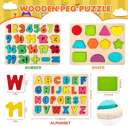 Attmu Wooden Puzzles for Toddlers, 6 Pcs Alphabet Puzzle ABC Shape Number Animal Farm Puzzle, Learning Toys for Kids, Preschool Educational Activities Toddler Gift Toys for Girls Boys Christmas Easter