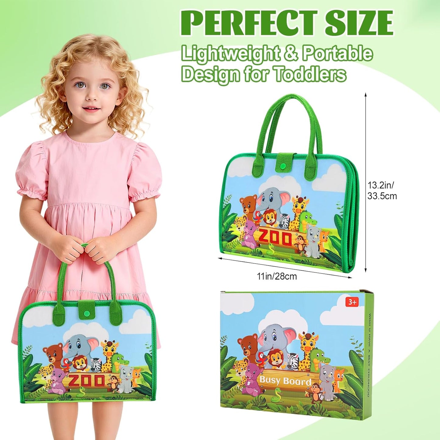 Busy Board for Toddlers, Montessori Toys for Boys Girls, Educational Learning Activity Quiet Book with Life Skills, Toddler Travel Toys Birthday Gifts (Green)