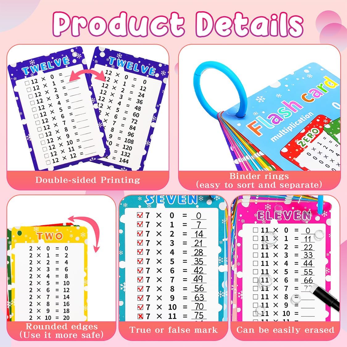 Multiplication Flash Cards 0-12, 14PCS Times Table Flashcard Chart, with Dry Erase Markers Sorting Ring, 1st, 2nd, 3rd Grades Educational Math for Classroom Home