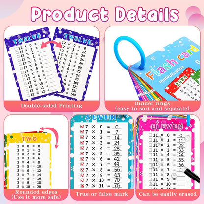 Multiplication Flash Cards 0-12, 14PCS Times Table Flashcard Chart, with Dry Erase Markers Sorting Ring, 1st, 2nd, 3rd Grades Educational Math for Classroom Home
