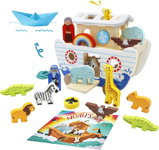 bpmfkid Noah's Ark Wooden Toy Set, Educational Wooden Animal Toys for Toddlers, Montessori Shape Sorter Educational Toys, Bible Story Engagement & Perfect Baptism, Christening Gift for 2-4 Y