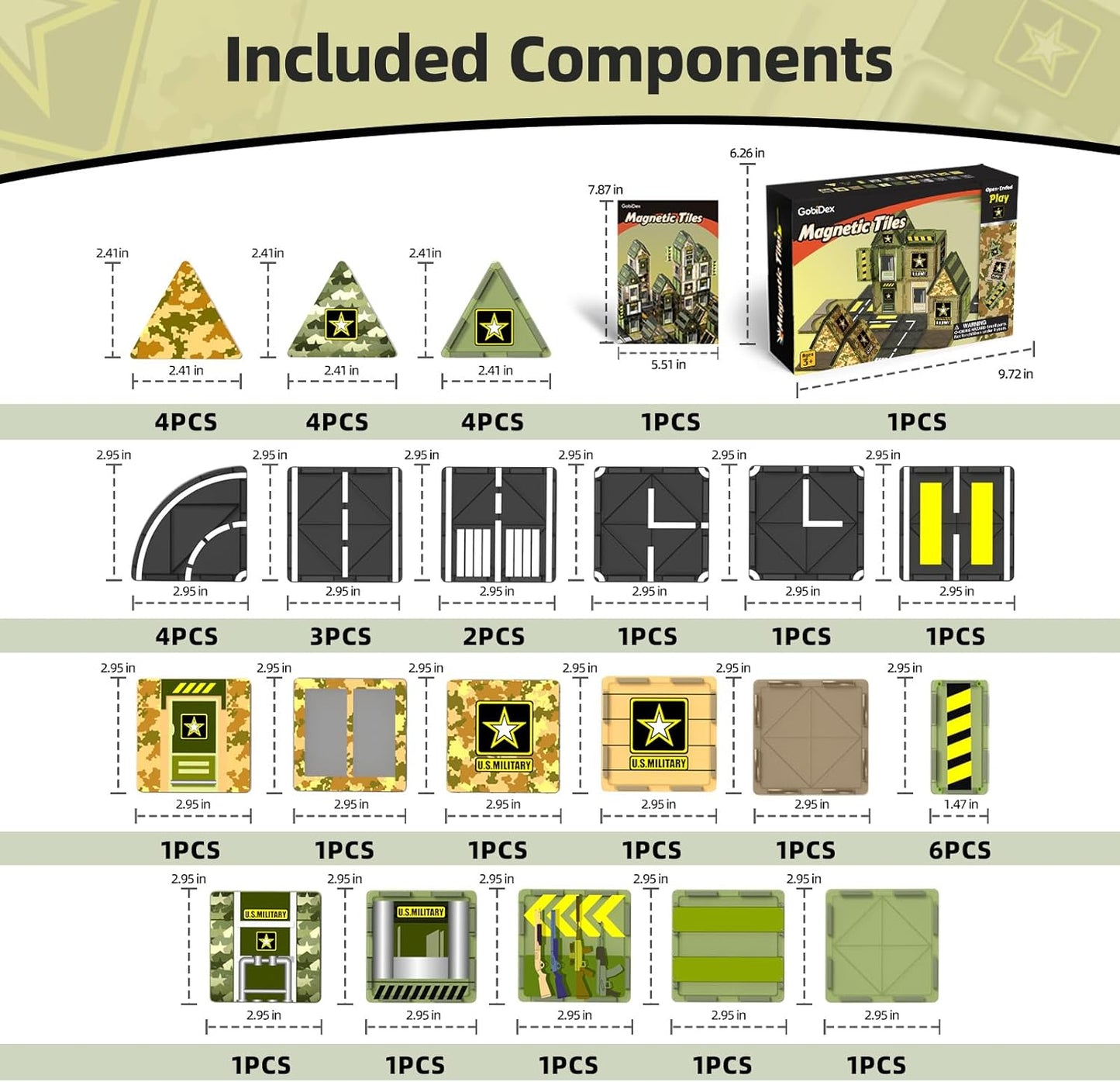 GobiDex 100PCS Army Magnetic Tiles Building Set for Kids, STEM Military Magnetic Building Blocks with 6 Magnetic Army Men, Educational Construction Toys Gift for Boys Girls 3 4 5 6 7 8 9+ Year Old