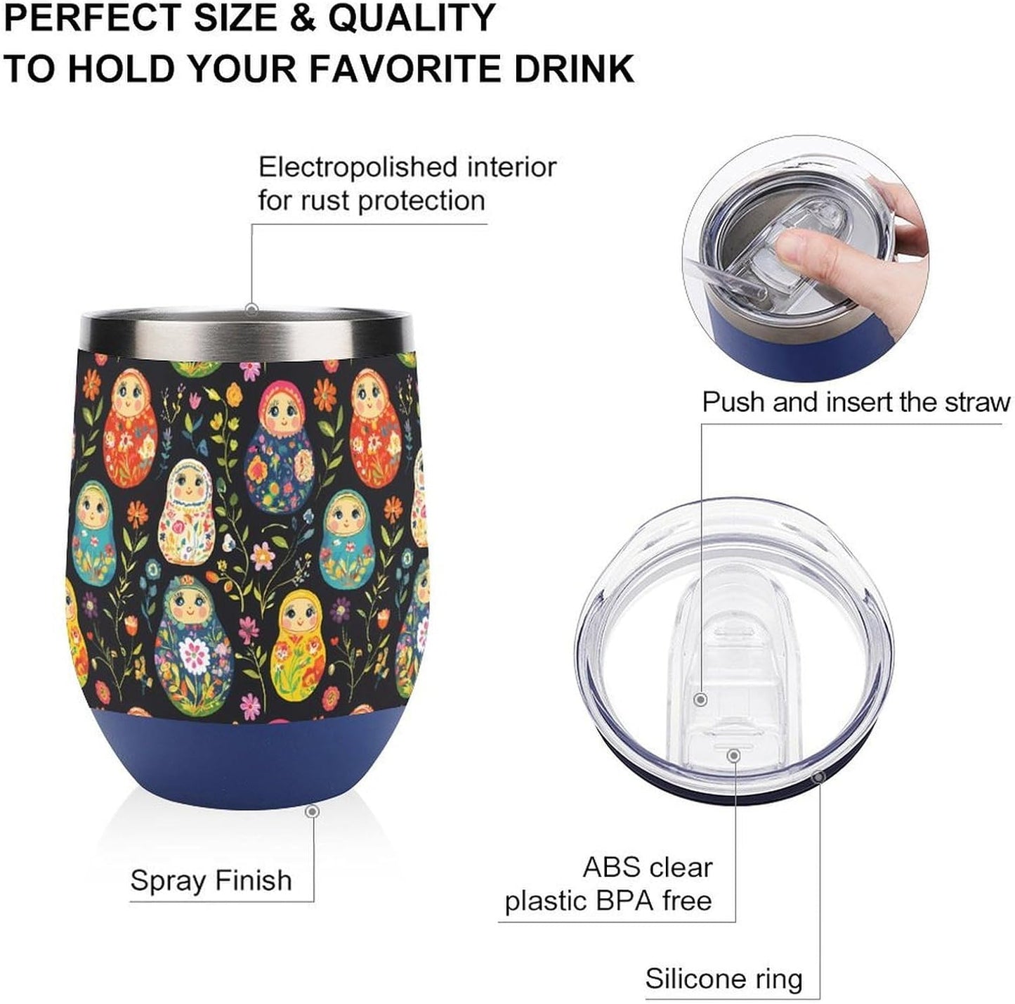 Russian Nesting Dolls Flowers Insulated Cups & Mugs 12 Oz Double-Wall Coffee Cup with Lids Drinks Tumbler for Women Men