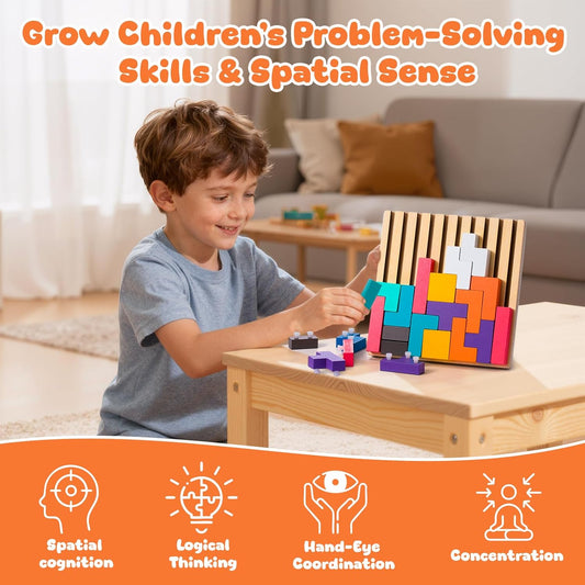 Wooden Colored 3D Russian Block Puzzle Travel Toy, Montessori Educational Gift for Kids Ages 3–6 with 28 Wood Blocks & Storage Bag, Wooden Stacking Puzzle Toy (Travel Size)