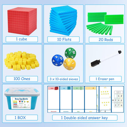 Base Ten Blocks for Math, Place Value Blocks, Base 10 Math Manipulatives for Kids, Plastic Math Cubes, Number Blocks, Math Counting Cubes for Kindergarten 1st-3rd Grade, 137 Pcs