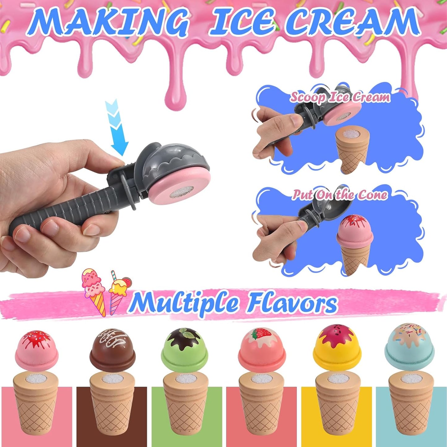 Ice Cream Play Set, Wooden Ice Cream Toy, Wooden Play Food, Ice Cream Shop Playset, Pretend Play Toys for Toddlers, Kitchen Toys Gift for Girls Boys 3 4 5 6 Year Old