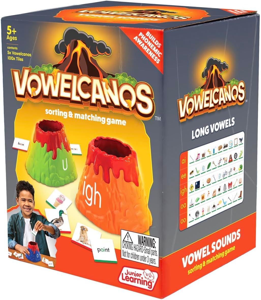 Junior Learning: Vowelcanos - Sorting & Matching Game, Learn Short & Long Vowels, Builds Phonemic Awareness, Reading Development, Kids Ages 5+