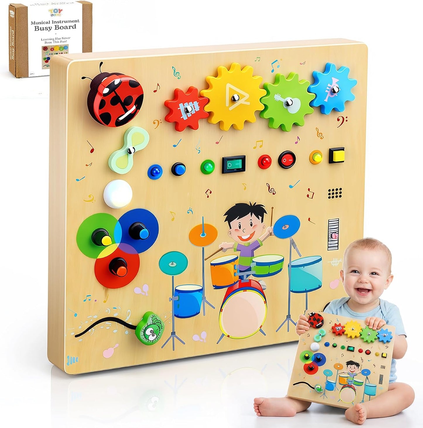 TOY Life Toddler Montessori Busy Board, Wooden Butterfly Sensory Board Toys with LED Light Up Switchs, Baby Busy Fidget Boards Travel Toys, Easter Birthday Gifts for 1+ Year Old Kids Girls Boys