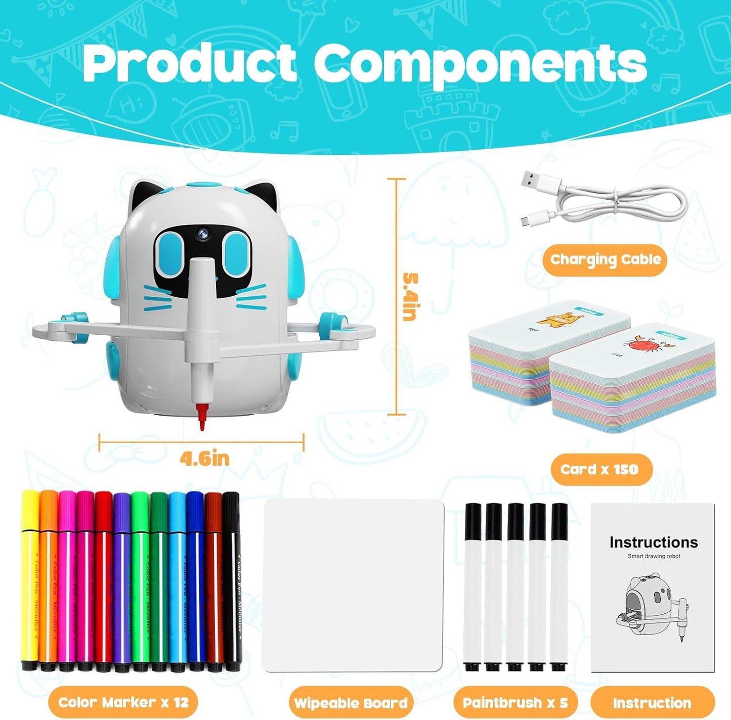 Drawing Robot for Kids with Camera Recognition, Smart Drawing Robot for Kids 3-8, Interactive Educational Drawing Machine with 150 Cards & 12 Colorful Pens, Christmas Birthday Gifts for kids Ages 3+