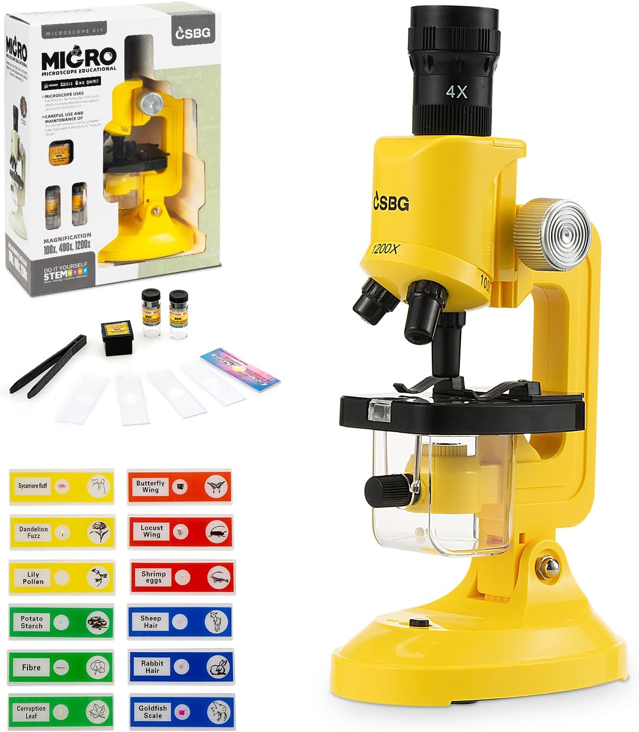 Kids Microscope Kit with LED Light - 100X/400X/1200X Magnification for STEM Learning, 12 Prepared Slides, Easy-to-Use Science Learning Kit (Ages 5-12) - Yellow