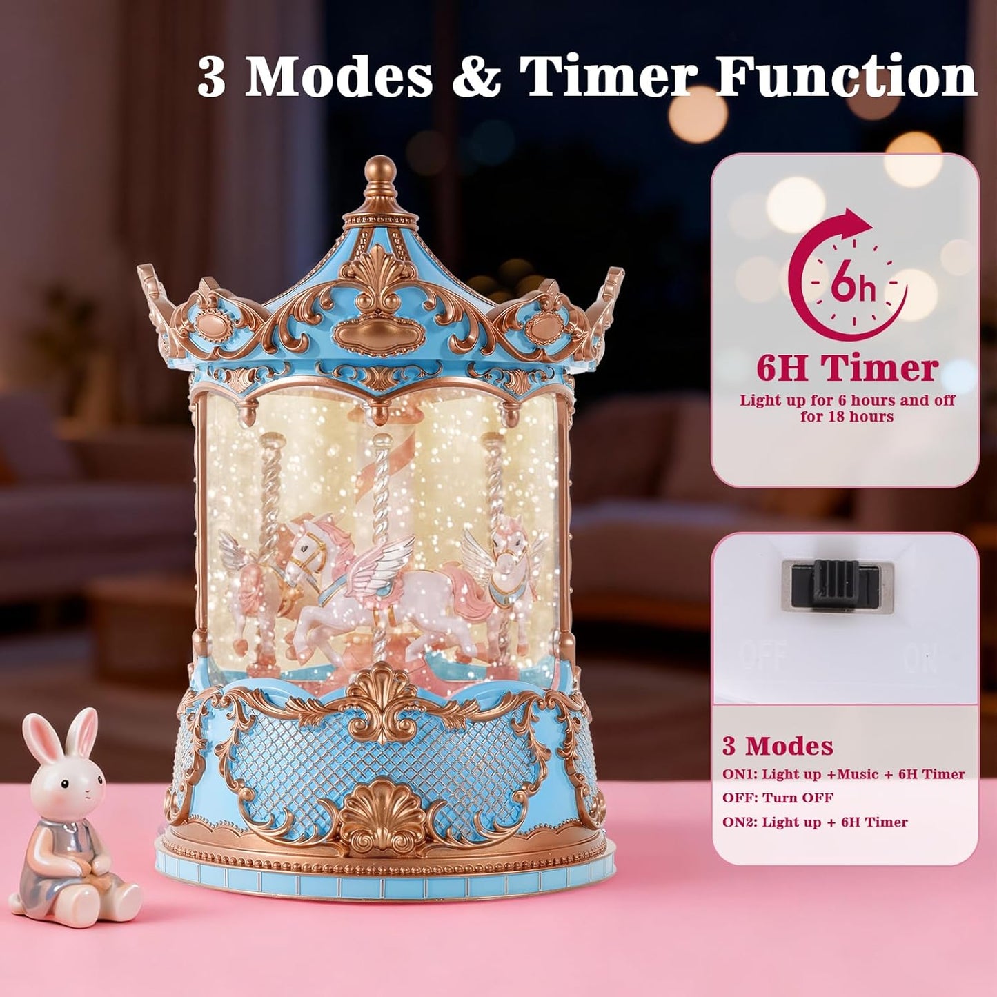 Gifts for Mom Pink Carousel Horse Snow Globe Music Box with Rotating Horses Musical Unicorn Snow Globe with Glitter for Girls, Women, Mom, Birthday Gifts Home Decorations (Pink Silver Carousel)
