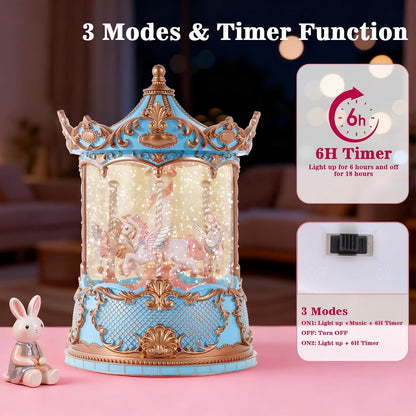 Gifts for Mom Pink Carousel Horse Snow Globe Music Box with Rotating Horses Musical Unicorn Snow Globe with Glitter for Girls, Women, Mom, Birthday Gifts Home Decorations (Pink Silver Carousel)