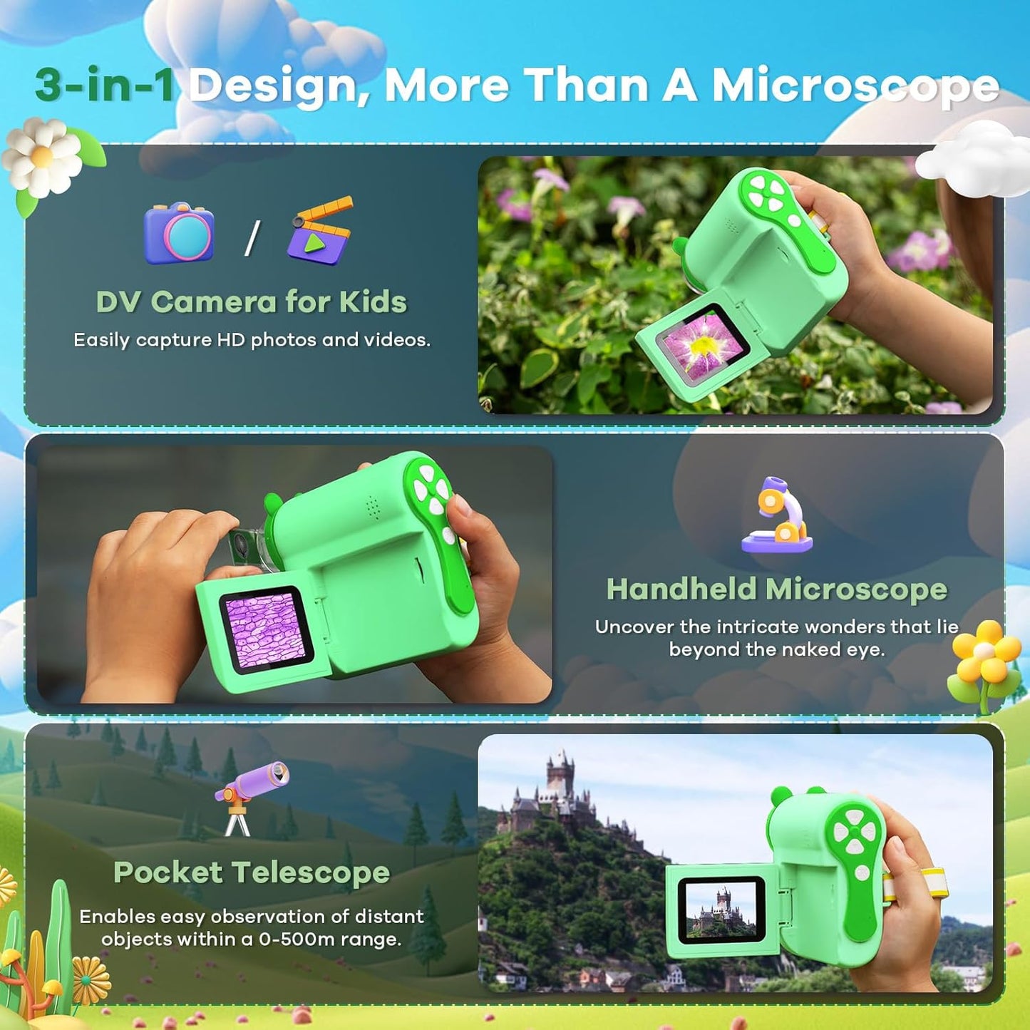 Hideal HP60 IPS Microscope for Kids: [Auto On & Off] [3-in-1] 2" Portable Handheld Microscope Miniscope, Pocket Mini Scope Educational Science Kit, Christmas Birthday Gifts for Kids, PC View, Pink