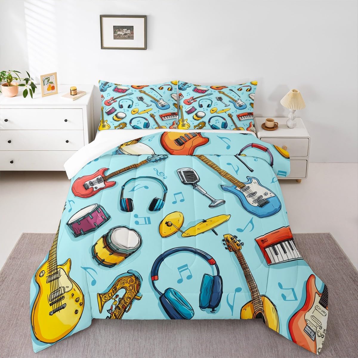 Erosebridal Drum Kit 3D Print Kids Comforter Sets Rock Music Themed Full Bedding Set for Boys Girls Musical Pattern Comforter Set,Colorful Retro Style Quilt Duvet 3 Pcs
