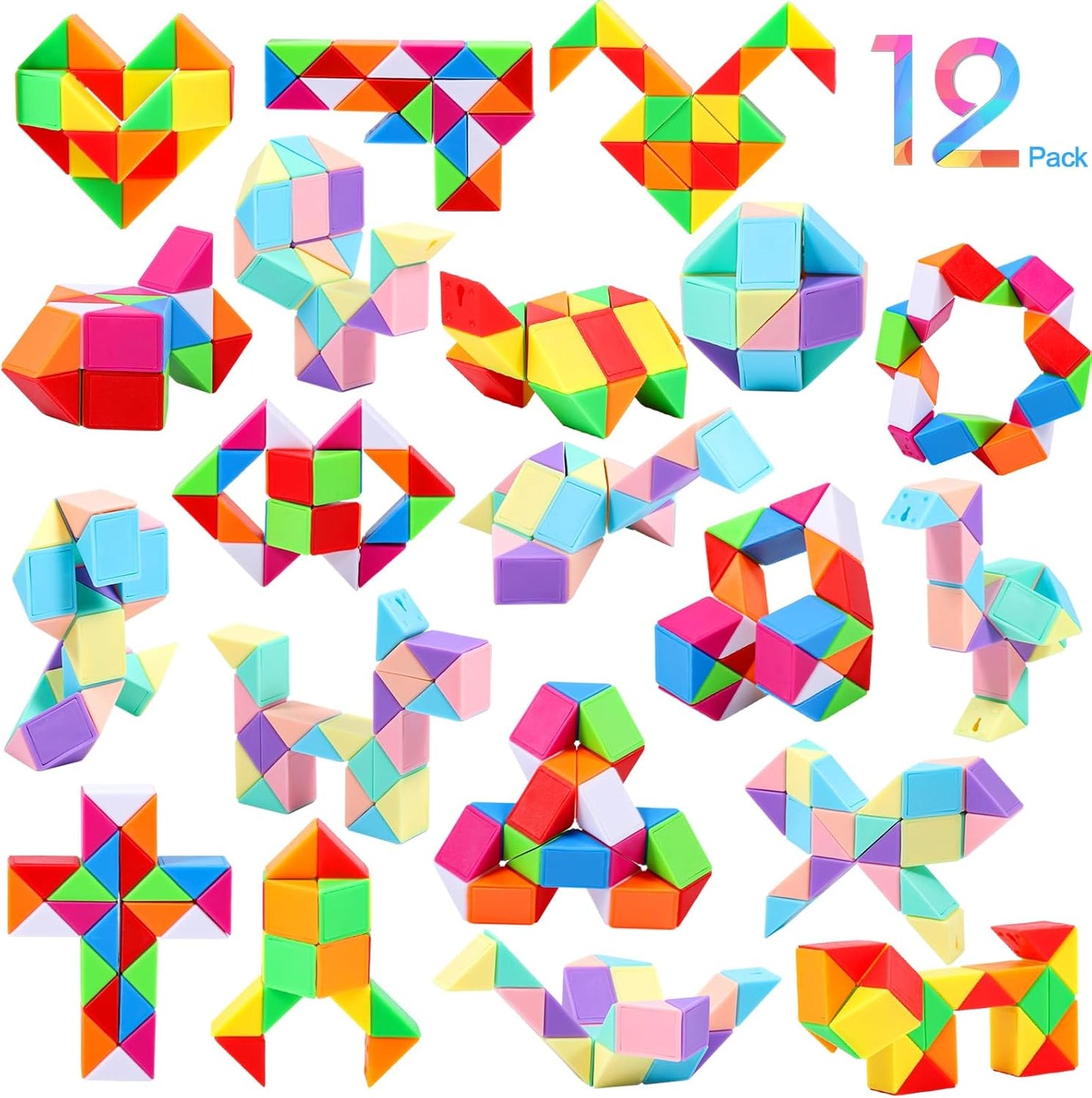 24 Pack Magic Snake Cube Fidget Toys for Kids - 24 Blocks Rainbow Twist Puzzle, Party Favors, Classroom Prizes, Birthday Goodie Bag Fillers, Stress Relief Sensory Toys