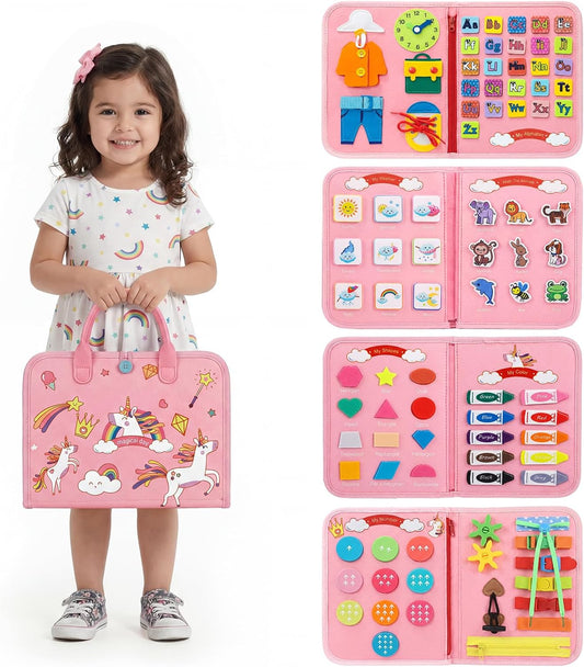 Toddler Busy Board Montessori Toys for Toddlers Girls 1-3 Year Old Birthday Gifts, Sensory Busy Book Learning Educational Activities, Airplane Car Travel Toy