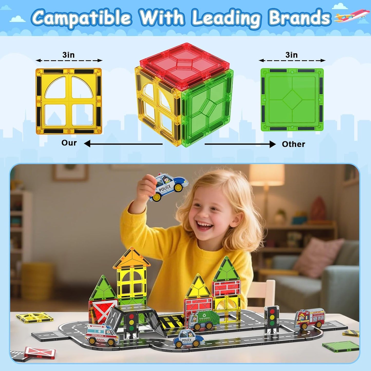 Magnetic Tiles Road Set | Magnet Tiles Race Track, Magnetic Car Racing Tile for Kids Ages 4-8 5-7, Toddler Magnet Building Toys STEM Learning Sensory Birthday Gifts for 3+ Years Old Boys Girls