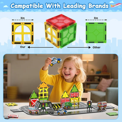 Magnetic Tiles Road Set | Magnet Tiles Race Track, Magnetic Car Racing Tile for Kids Ages 4-8 5-7, Toddler Magnet Building Toys STEM Learning Sensory Birthday Gifts for 3+ Years Old Boys Girls