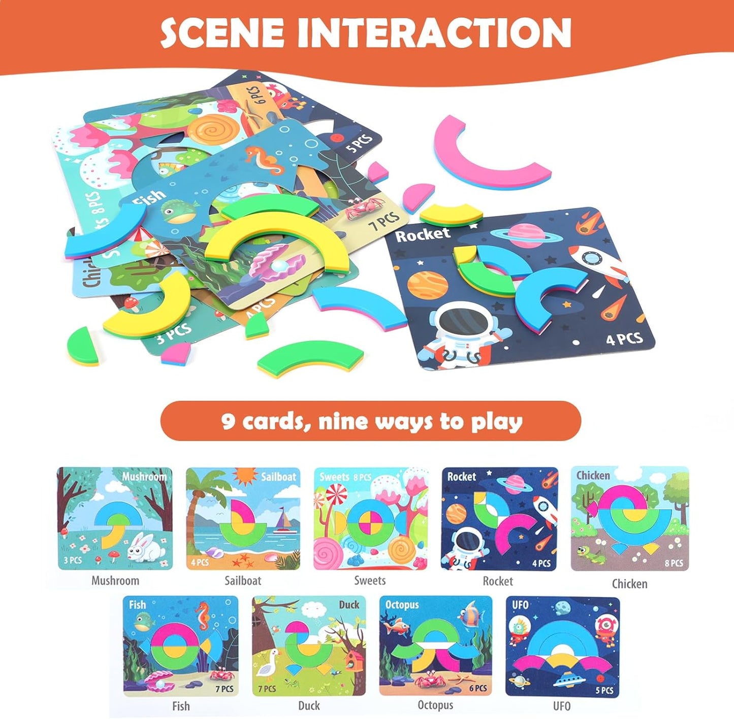 Crabzzle Educational Puzzles for Kids Ages 3+, 2-in-1 Match Picture Fraction Learning Brainteaser Toy