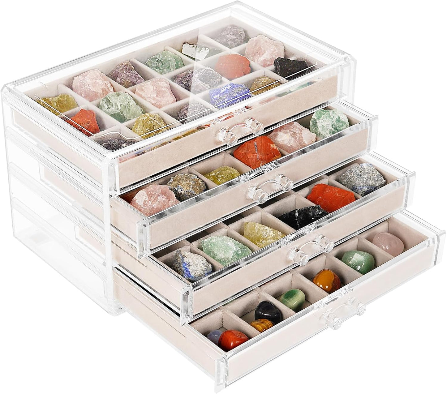 Bfttlity Acrylic Rock Display Case,54 Grids Rock Collection Box for Kids with Mini Magnifying Glass and Gloves, Clear Display Cases for Stones Collectibles Gemstone Crystals Storage Boxes